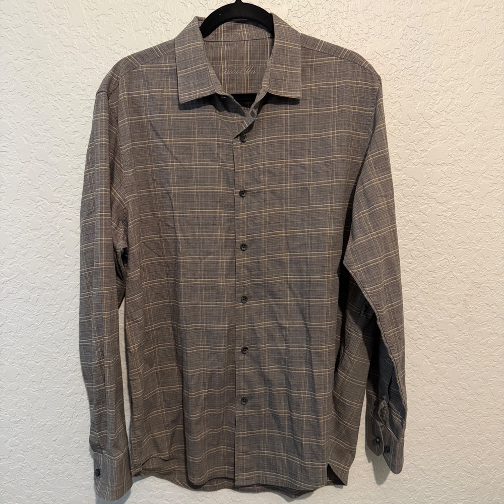Tasso Elba Plaid Button Down Shirt L Large Gray‎ Yellow Dark Academia Preppy